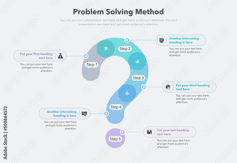 Fototapete Problem solving process template with five steps and question mark as a main symbol. Easy to use for your website or presentation.