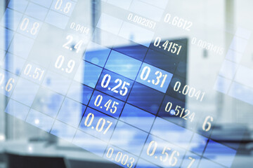 Abstract creative stats data concept on modern laptop background. Multiexposure