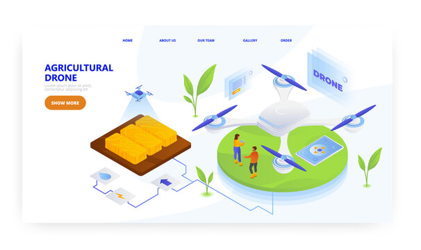 Agricultural drone, landing page design, website banner vector template. Smart farm, modern agriculture technology.