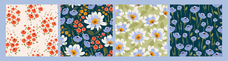 Floral abstract seamless patterns. Vector design for different surfases. - 500864791