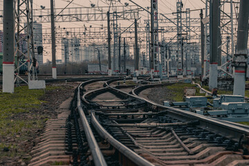 Obraz na płótnie Canvas View of railway tracks on the background of the station.