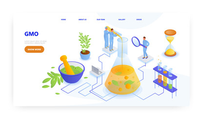 GMO experiment, landing page design, website banner vector template. Genetic engineering, biotechnology, gmo testing lab