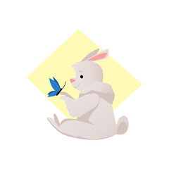 Funny gray rabbit sits and looks at a butterfly. Happy bunny, hare with a butterfly vector flat illustration.