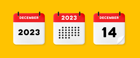 Calendar icon. December. 2023 14 day. The concept of waiting for an important date. Calendar with raised pages. Red calendar isolated on yellow background. 3d vector illustration.