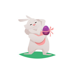 Happy Easter bunny cute animal with colored egg, vector illustration isolated.