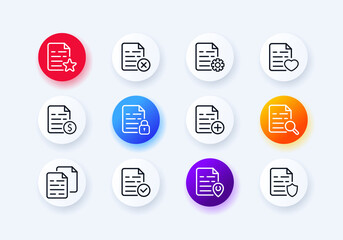 Documents icons set. Check mark. filling out paperwork. Protecting confidential papers. Neomorphism style.