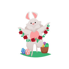 Cute cartoon Easter rabbit jumps with flower garland in its paws on white