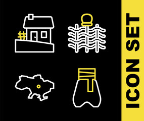 Set line Wicker fence, Cossack pants, Map of Ukraine and Ukrainian house icon. Vector