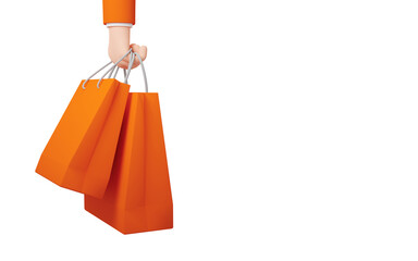 Hand holding orange shopping bags isolated on white background with copy space 3D render