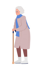Worried old woman with walking stick semi flat color vector character. Standing figure. Full body person on white. Simple cartoon style illustration for web graphic design and animation