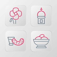 Set line Varenyky in a bowl, Glass with vodka, Church tower and Poppy flower icon. Vector
