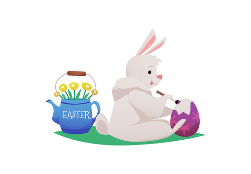Cute cartoon easter bunny sits and paints easter egg isolated on white
