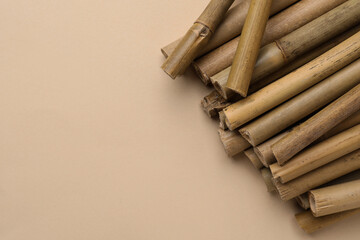 Dry bamboo sticks on beige background, flat lay. Space for text