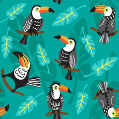 Toucans sit on the branches in different poses with a background of palm leaves.