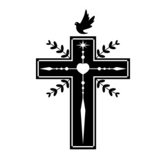 Christian crucifix cross with heart and pigeon bird black icon on white background flat vector icon design.