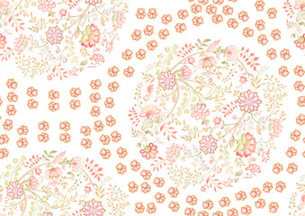 Cute fantasy flowers with cat paw prints. Animal and floral motif. Millefleurs trendy floral design. Seamless pattern, background. Vector illustration. Gradients colors