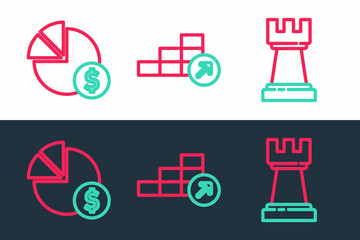 Set line Chess, Pie chart and dollar and Financial growth icon. Vector