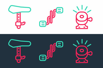 Set line Bicycle bell, seat and pedals icon. Vector