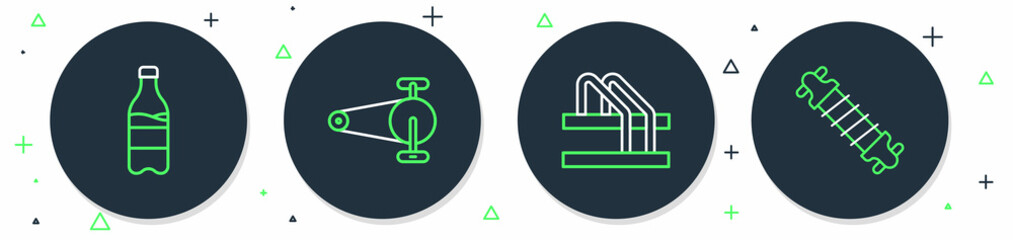 Set line Bicycle chain with gear, parking, Sport bottle water and suspension icon. Vector