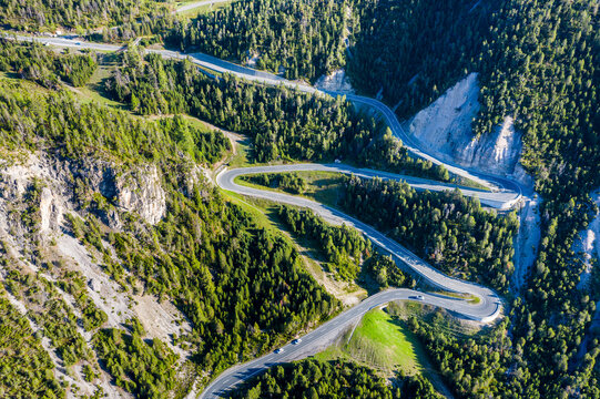 Switzerland,GraubundenCanton, Drone view ofOfenPass in summer
