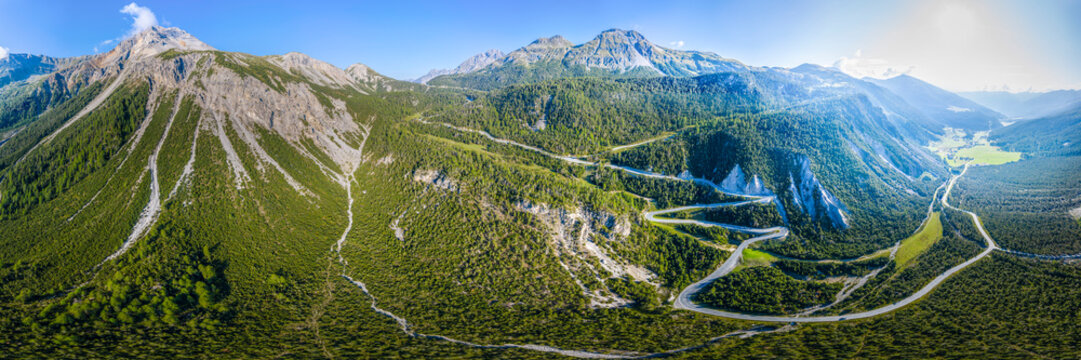 Switzerland, Graubunden Canton, Drone panorama of Ofen Pass in summer