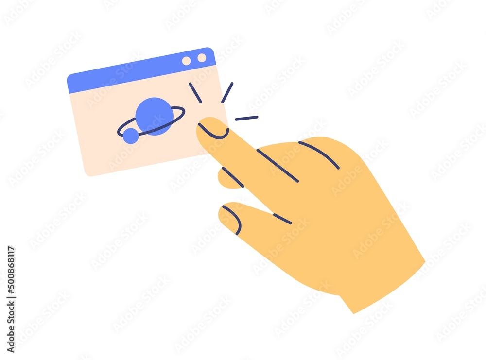 Poster Hand and abstract browser window, using internet. Online search, web-page of website and arm icon. Site, webpage in WWW, computer network. Flat vector illustration isolated on white background