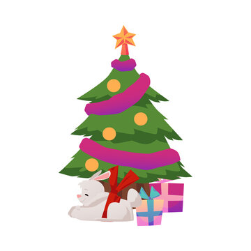 Cute cartoon rabbit under christmas tree with gifts isolated on white background