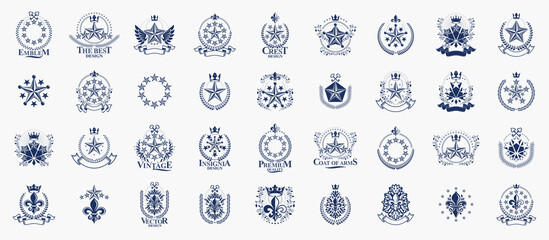 Heraldic Coat of Arms with stars vector big set, vintage antique heraldic badges and awards collection, symbols in classic style design elements, family or business logos.