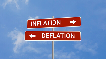 Inflation and Deflation Road Sign on Clear Blue Sky with Rapid Moving Clouds