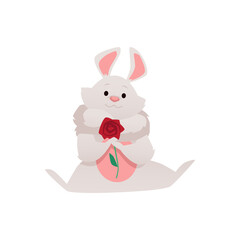 Cute white bunny with rose in paws flat cartoon vector illustration isolated.