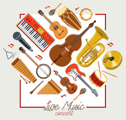 Obraz premium Music orchestra diverse instruments vector flat poster, live sound concert or festival, musical band or orchestra playing and singing songs advertising flyer or banner.