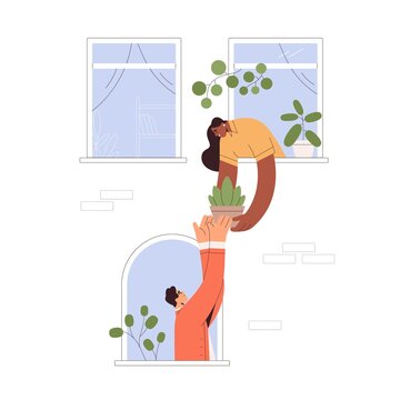 Good neighborhood concept. Neighbors help, woman sharing potted house plant, giving to man from open window. Neighbours friendship. Flat graphic vector illustration isolated on white background
