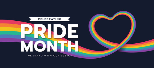Celebrating pride month - long rainbow pride flag roll made to heart shape on black background vector design