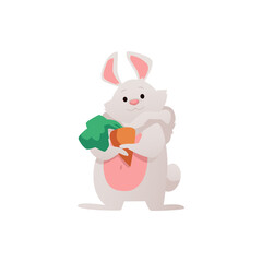 Cute bunny sits holding carrot in paws, flat vector illustration isolated.