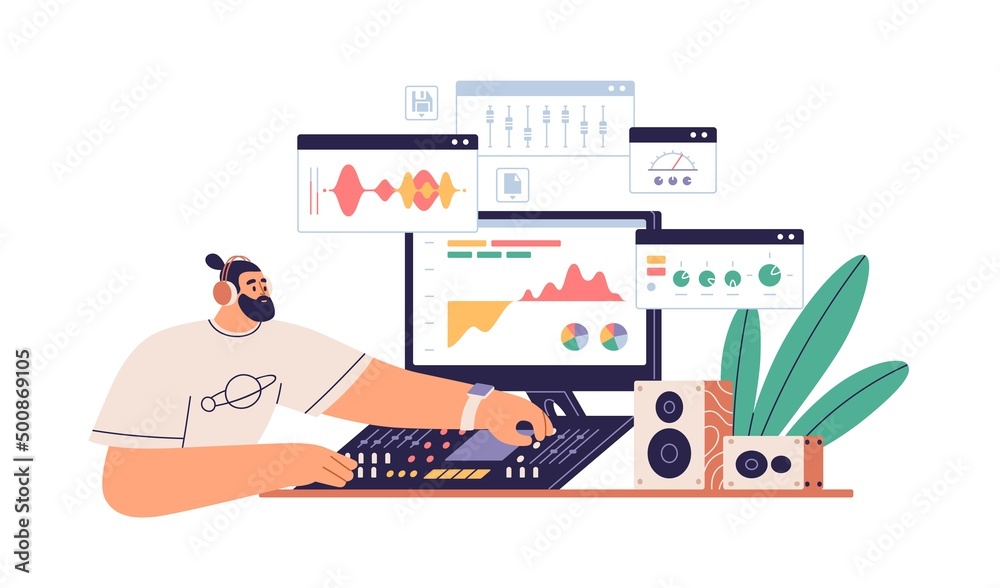 Poster Sound designer works at computer with professional software and digital multimedia equipment. Audio engineer workplace with PC screen. Flat graphic vector illustration isolated on white background