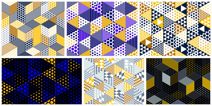 Seamless dotted cubes vector backgrounds set, dots boxes repeating tile patterns, 3D architecture and construction, geometric designs.