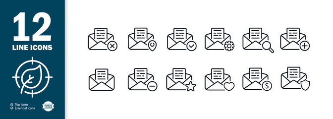 Mail icons set. Search, create, delete, add to favorites, change and sell emails. EndStyle of neomorphism.