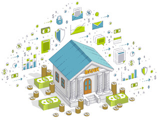 Bank building with cash money dollar pile and coin stack cartoon isolated over white background. Vector 3d isometric business illustration with icons, stats charts and design elements.