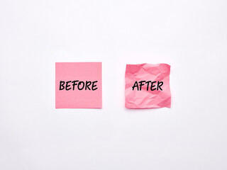 The words before and after on pink sheets of note paper on white background. New and used condition