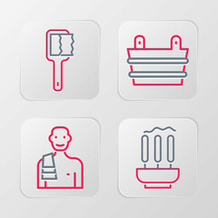 Set line Incense sticks, Man in the sauna, Sauna bucket and brush icon. Vector