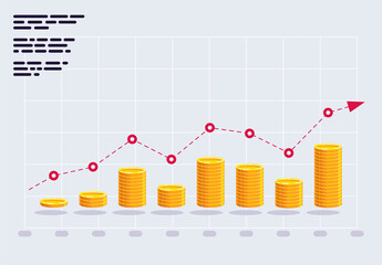 Vector illustration of gold coins in the form of a vertical chart, charts, with a red arrow, business strategy of money savings