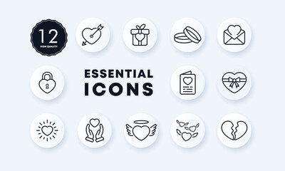 Love icon set. Love correspondence. Date on the calendar. Give a heart. Search for love. Neomorphism style. Vector eps 10