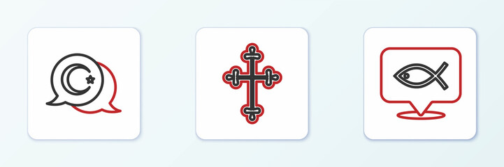 Set line Christian fish, Star and crescent and cross icon. Vector