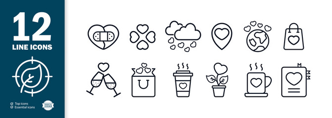 Set of love and dates icons. Coffee, two glasses, notebook, planet, clover, glued heart. Vector epa 10