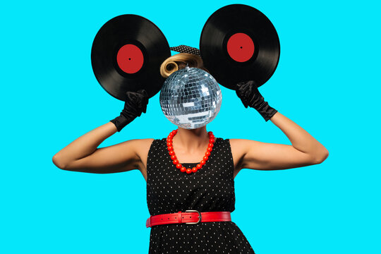Abstract modern collage. woman with a mirrored disco ball instead of a head. glamorous pin-up girl holding vinyl LP in hand