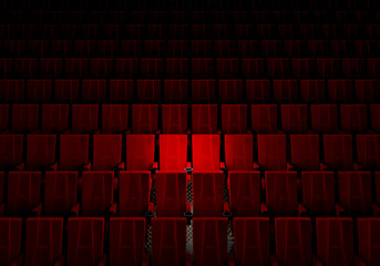 Rows of red velvet seats watching movies in the cinema with spotlight only couple deluxe seat background. Entertainment and Theater concept. 3D illustration rendering