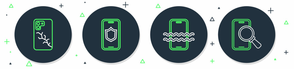 Set line Mobile with shield, Waterproof phone, broken screen and Phone repair service icon. Vector