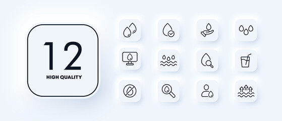 Water icons set. Raising the water level. Purification and desitylation of water. Help with water scarcity. Neomorphism style.