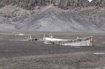 remains of old wooden boat at Deception Island, Antarctica