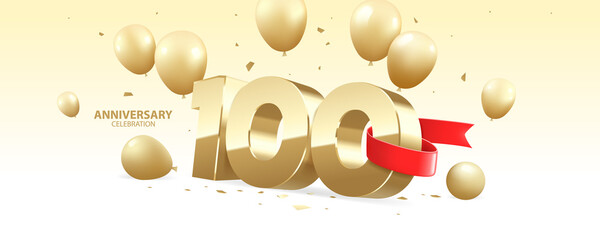 100th Year anniversary celebration background. 3D Golden number wrapped with red ribbon with  confetti and golden balloons.